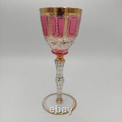 Antique Bohemian Moser Cabochon Cut Art Glass Cranberry Gilt Goblets STUNNING