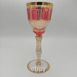 Antique Bohemian Moser Cabochon Cut Art Glass Cranberry Gilt Goblets STUNNING