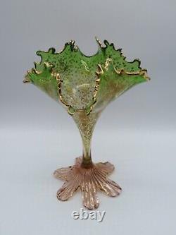 Antique Bohemian Moser Hand Blown Painted Gold Green & Pink Glass Vase 9.75tall