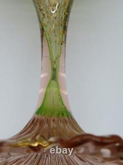Antique Bohemian Moser Hand Blown Painted Gold Green & Pink Glass Vase 9.75tall