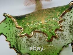 Antique Bohemian Moser Hand Blown Painted Gold Green & Pink Glass Vase 9.75tall