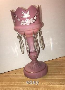 Antique Bohemian Pink Art Glass Mantle Lustre Luster Cut Crystal Prism Victorian