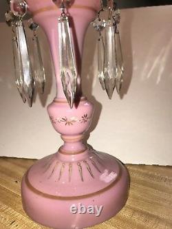 Antique Bohemian Pink Art Glass Mantle Lustre Luster Cut Crystal Prism Victorian