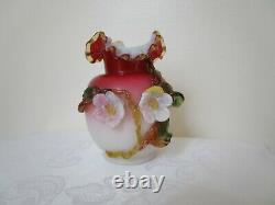 Antique Bohemian Pink Art Glass Vase With Applied Flowers Handmade Harrach