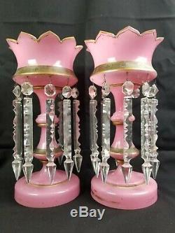 Antique Bohemian Pink Glass Lustres With Crystals