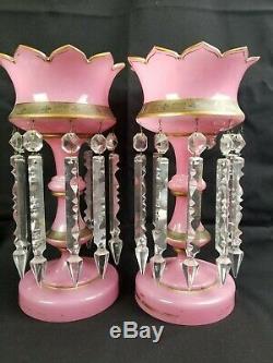 Antique Bohemian Pink Glass Lustres With Crystals