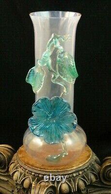 Antique Bohemian Pink Opalescent Applied Blue Vaseline Floriform Art Glass Vase