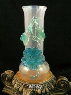 Antique Bohemian Pink Opalescent Applied Blue Vaseline Floriform Art Glass Vase