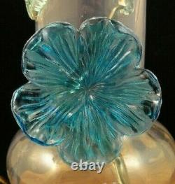 Antique Bohemian Pink Opalescent Applied Blue Vaseline Floriform Art Glass Vase