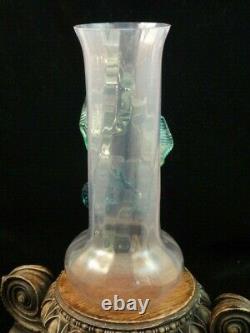 Antique Bohemian Pink Opalescent Applied Blue Vaseline Floriform Art Glass Vase