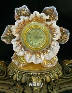 Antique Bohemian Pink Vaseline Art Nouveau Glass Floriform German Hamburg Clock