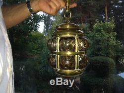 Antique CAGE Blown WYNYATES Arts & Crafts dimple Glass Brass ruby ceiling Light