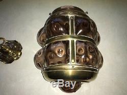 Antique CAGE Blown WYNYATES Arts & Crafts dimple Glass Brass ruby ceiling Light