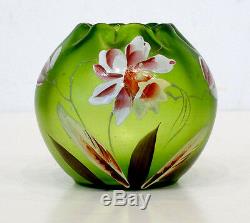 Antique CZECH Iridescent ENAMELED Glass ART NOUVEAU Rose Bowl / LOETZ KRALIK