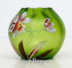 Antique CZECH Iridescent ENAMELED Glass ART NOUVEAU Rose Bowl / LOETZ KRALIK