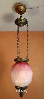 Antique Converted Kerosine Red Art Glass Hanging Lamp