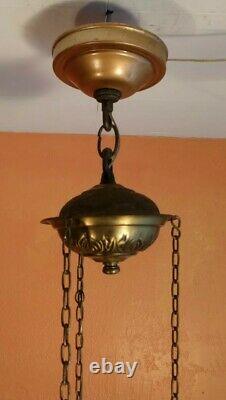 Antique Converted Kerosine Red Art Glass Hanging Lamp