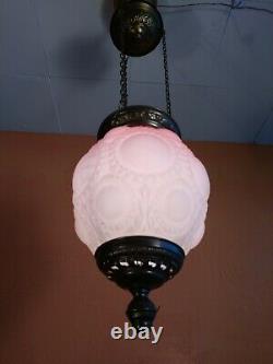 Antique Converted Kerosine Red Art Glass Hanging Lamp