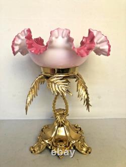Antique English Victorian Gilded Bronze with Pink Art Glass Dish Centerpiece Antique English Victorian Gilded Bronze with Pink Art Glass Dish Centerpiece