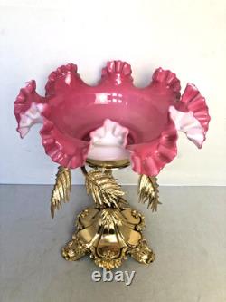 Antique English Victorian Gilded Bronze with Pink Art Glass Dish Centerpiece