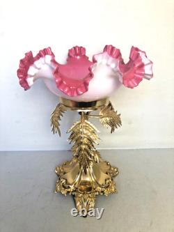 Antique English Victorian Gilded Bronze with Pink Art Glass Dish Centerpiece