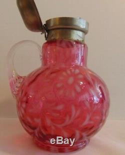 Antique Fenton cranberry Opalescent Glass Daisy & Fern Syrup Pitcher