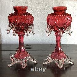 Antique Franz Welz Cranberry Rare Bohemian Art Glass Pair Of Vases 7.5 Tall