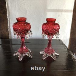 Antique Franz Welz Cranberry Rare Bohemian Art Glass Pair Of Vases 7.5 Tall