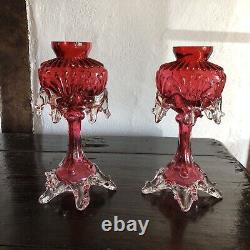 Antique Franz Welz Cranberry Rare Bohemian Art Glass Pair Of Vases 7.5 Tall