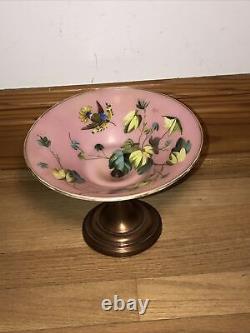 Antique French Compote Pink Hand painted Bird Baccarat Opaline Glass Footed Dish