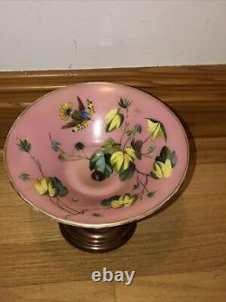 Antique French Compote Pink Hand painted Bird Baccarat Opaline Glass Footed Dish