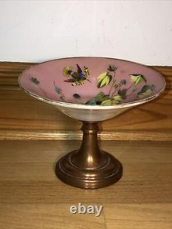 Antique French Compote Pink Hand painted Bird Baccarat Opaline Glass Footed Dish