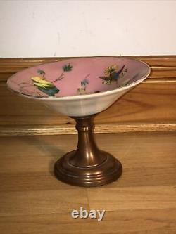 Antique French Compote Pink Hand painted Bird Baccarat Opaline Glass Footed Dish