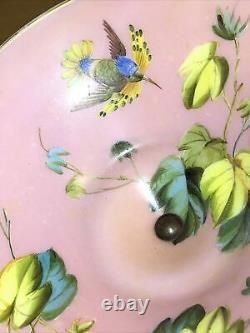 Antique French Compote Pink Hand painted Bird Baccarat Opaline Glass Footed Dish