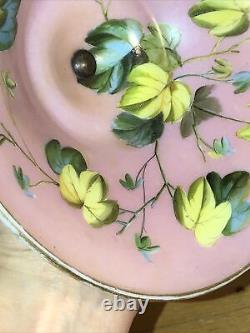 Antique French Compote Pink Hand painted Bird Baccarat Opaline Glass Footed Dish