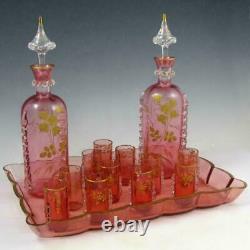 Antique French Pink Art Glass Raised Gold Enamel Liquor Set, Decanters Cordials