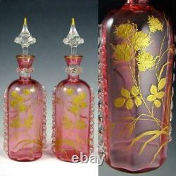 Antique French Pink Art Glass Raised Gold Enamel Liquor Set, Decanters Cordials