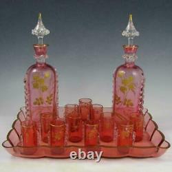 Antique French Pink Art Glass Raised Gold Enamel Liquor Set, Decanters Cordials