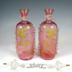 Antique French Pink Art Glass Raised Gold Enamel Liquor Set, Decanters Cordials