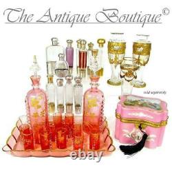 Antique French Pink Art Glass Raised Gold Enamel Liquor Set, Decanters Cordials