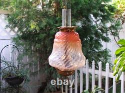 Antique GWTW Victorian HANGING HALL ENTRY LAMP, Pink Opalescent Swirl ART GLASS