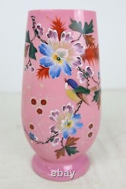 Antique Hand Painted Pink Cased Blown Art Glass Vase Bird & Flowers Bohemian