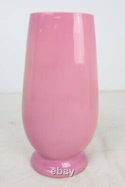 Antique Hand Painted Pink Cased Blown Art Glass Vase Bird & Flowers Bohemian