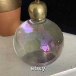 Antique Harrach iridescent Uranium glass ball paperweight & Brass rare