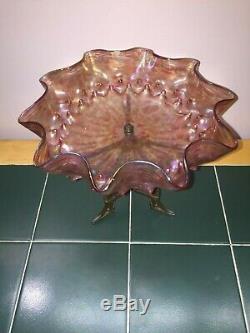 Antique Loetz Apricot & Pink Oil Spots Swirl Art Nouveau Bowl Metal Stand