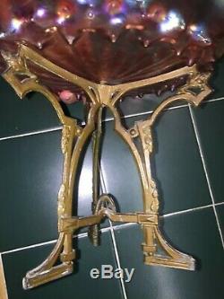 Antique Loetz Apricot & Pink Oil Spots Swirl Art Nouveau Bowl Metal Stand