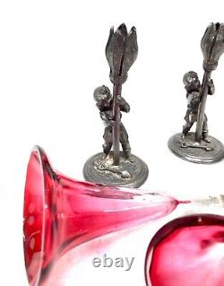 Antique Matching Pair of Victorian Cranberry Glass Epergnes / Trumpet Posy Vases