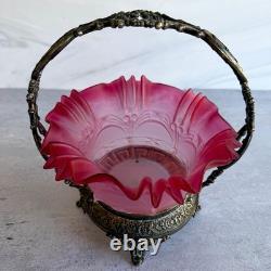 Antique Meriden Silver Plate Co #1134 Victorian Bride's Basket Pink Art Glass