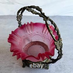 Antique Meriden Silver Plate Co #1134 Victorian Bride's Basket Pink Art Glass