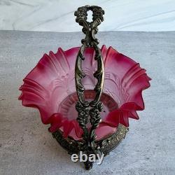 Antique Meriden Silver Plate Co #1134 Victorian Bride's Basket Pink Art Glass